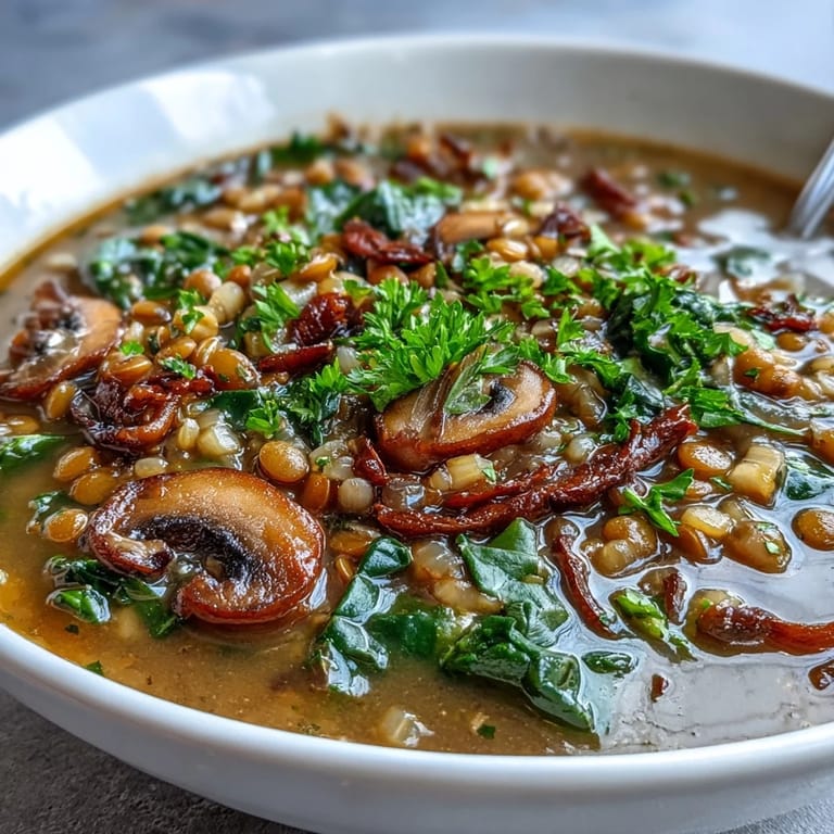 A close-up of rich Double Lentil and Mushroom Barley Soup highlights tender lentils, barley, and greens.