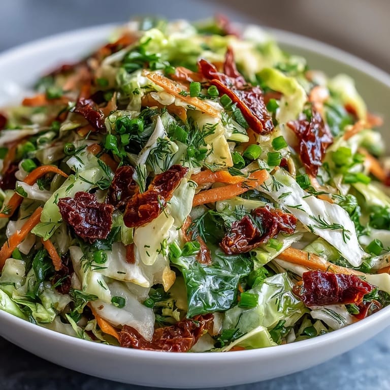 Bright bowl of Cabbage Salad With Sundried Tomatoes and crunchy veggies, perfect for a light lunch.