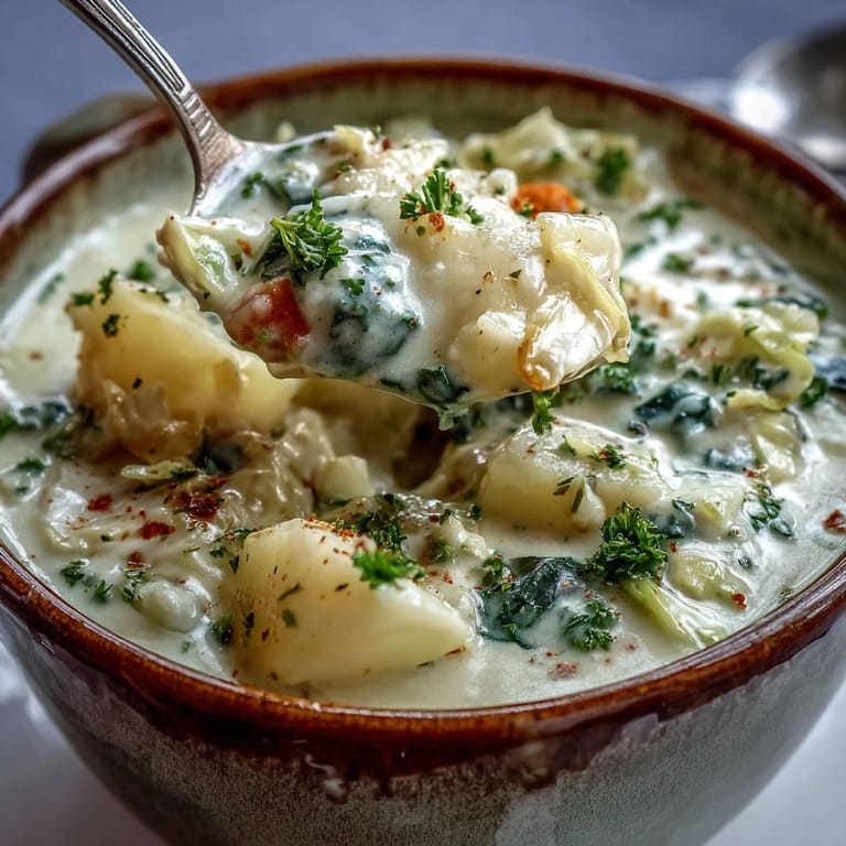 Creamy Potato Soup with Cabbage steaming in a bowl next to sliced bread on a textured wooden table.
