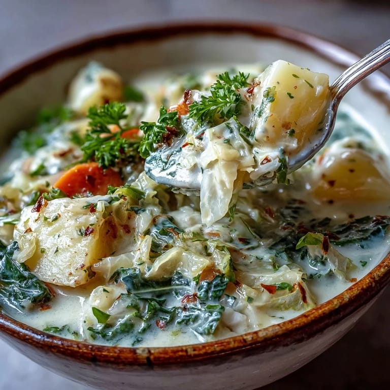 Velvety Creamy Potato Soup with Cabbage ladled into a white bowl, highlighting tender potatoes and green cabbage.