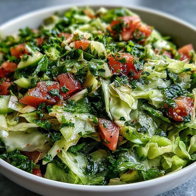 Vibrant Lebanese Cabbage Salad on a wooden table, crisp shredded cabbage and mint leaves, lemon juice and olive oil coating, great with grilled meats.