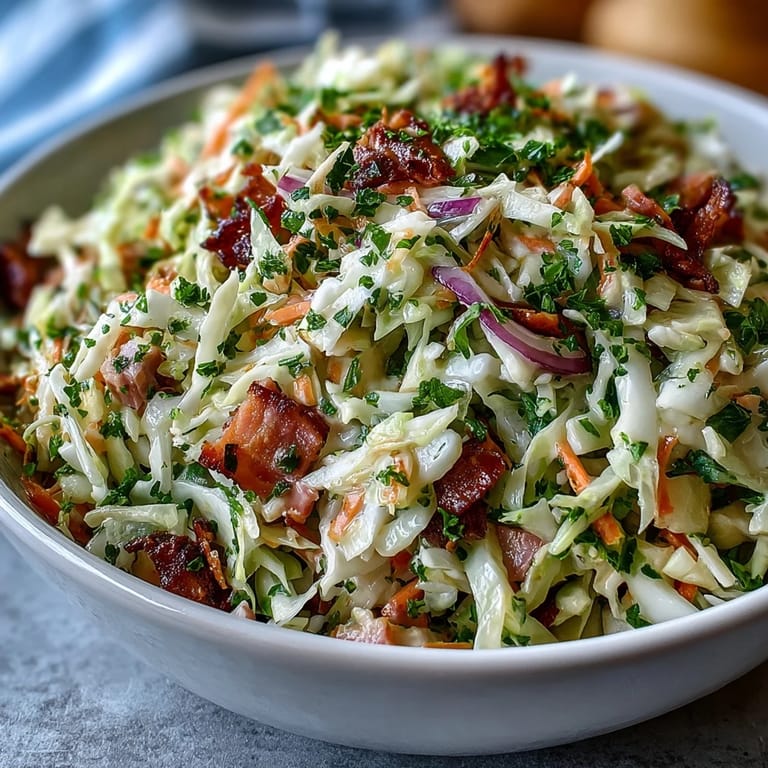 Tangy apple cider vinegar dressing coats this German Cabbage Coleslaw With Shredded Ham, garnished with parsley.