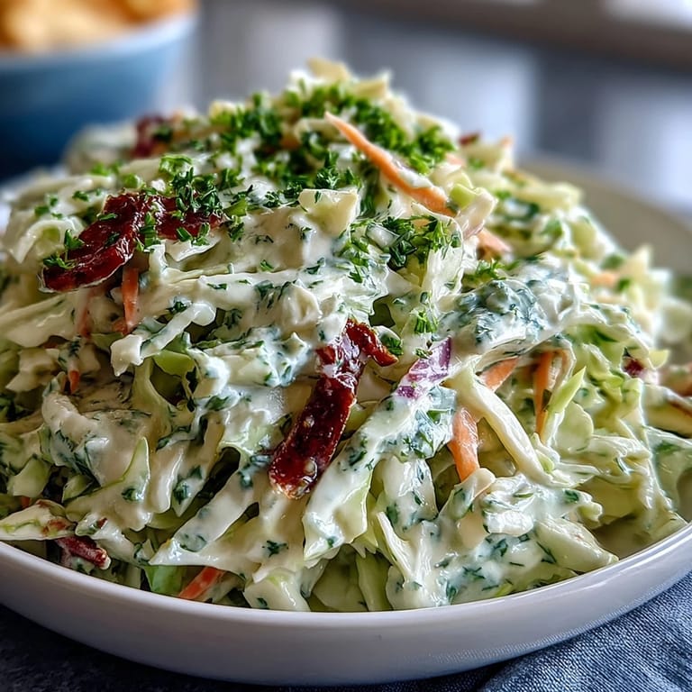Close-up of Coleslaw With Creamy Dressing showing crisp shredded cabbage coated in tangy, luscious dressing for barbecue.