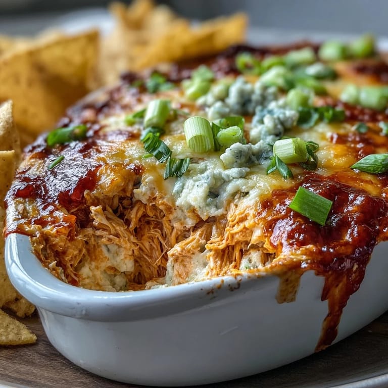 Freshly baked Buffalo Chicken Dip coming out of the oven, featuring melted cheddar and blue cheese on top. Perfect for sharing with friends during football season or as a spicy party appetizer.