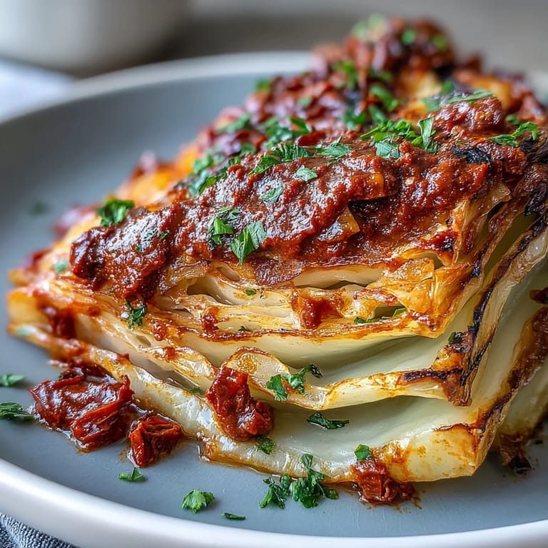 Golden caramelized Baked Cabbage Salad With Winter Romesco topped with a bold, nutty red sauce.