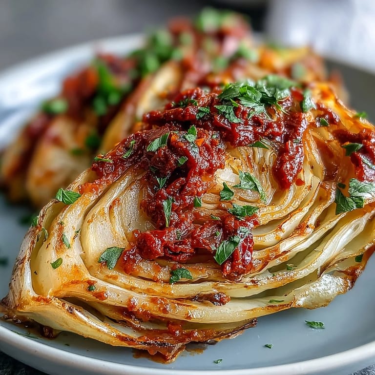 Freshly garnished Baked Cabbage Salad With Winter Romesco featuring parsley and extra toasted walnuts.