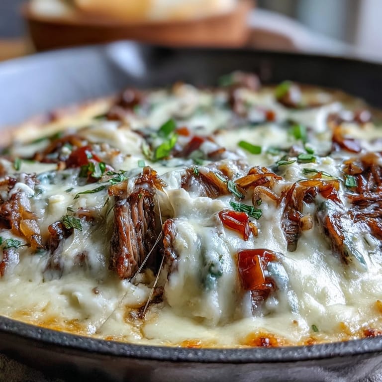 Savory Philly Cheesesteak Dip in a baking dish, perfect for game day snacking.