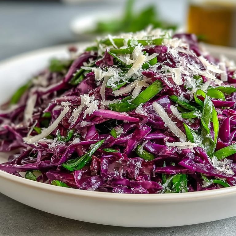 A crisp bowl of Red Cabbage Coleslaw With Apple and Parmesan next to grilled chicken for serving.