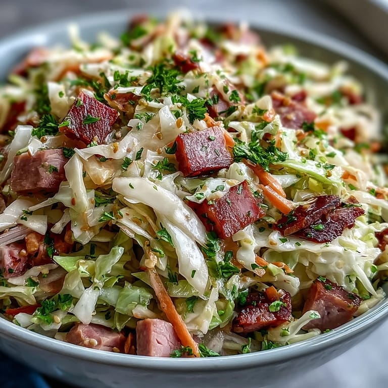 Shredded ham and crisp green and red cabbage create a fresh, crunchy German Coleslaw With Shredded Ham.