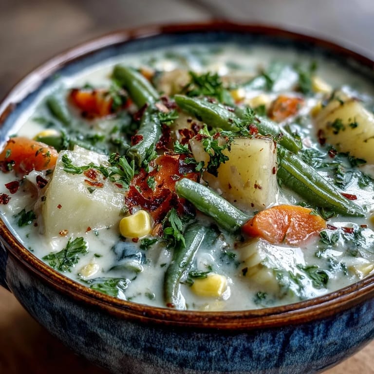 Homestyle Amish Snow Day Soup steaming in a rustic bowl, ready to warm up a chilly winter evening.