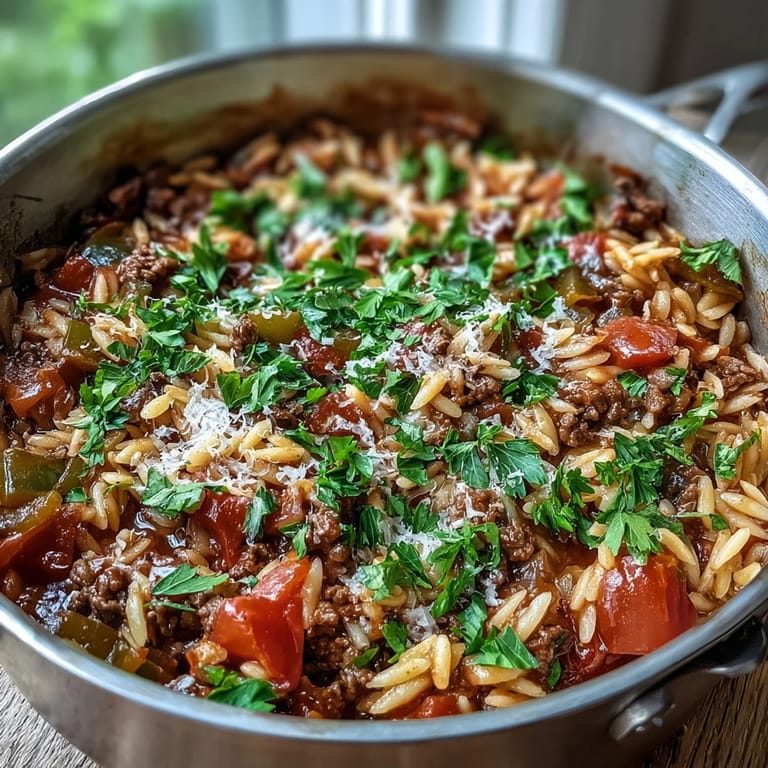 Comforting Ground Beef Orzo Dinner served hot with garlic bread and a simple salad.