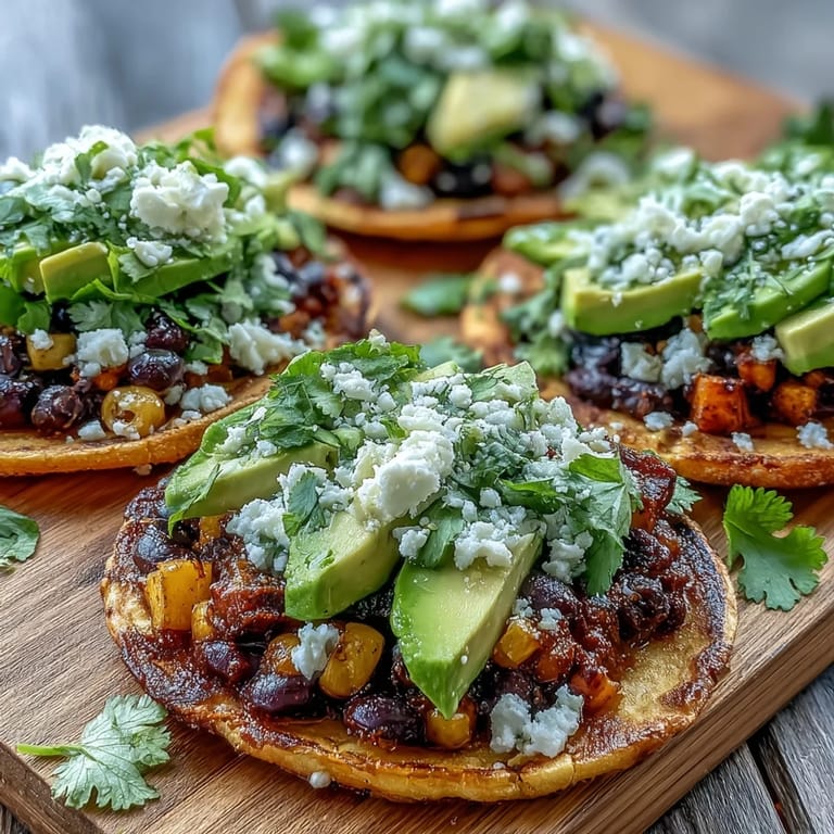 Golden roasted sweet potatoes and seasoned black beans piled high on crunchy tostada shells, ready to serve with hot sauce.
