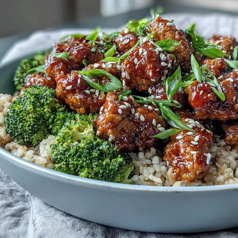 A close look at Sweet and Spicy Turkey Broccoli Bowls showcasing glossy sauce over brown rice.