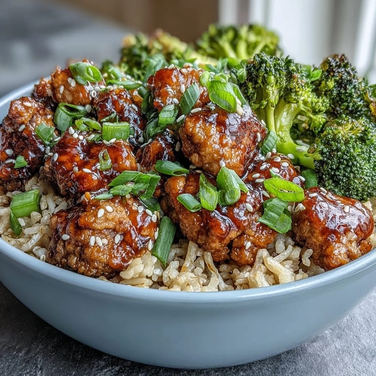 Easy weeknight Sweet and Spicy Turkey Broccoli Bowls topped with sesame seeds and fresh green onions.