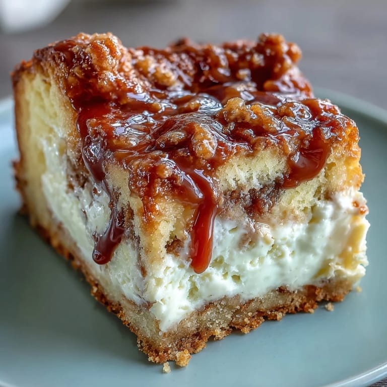 A close-up slice of Caramel Cream Cheese Bread revealing a creamy cheesecake center and gooey caramel ribbon on a white plate.