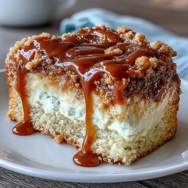 Two golden-brown Caramel Cream Cheese Bread loaves topped with caramel drizzle, ready to slice for breakfast or dessert.
