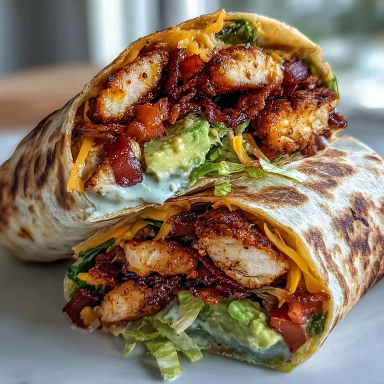 Crunchy bacon strips and sliced avocado fill a warm flour tortilla with creamy sauce.