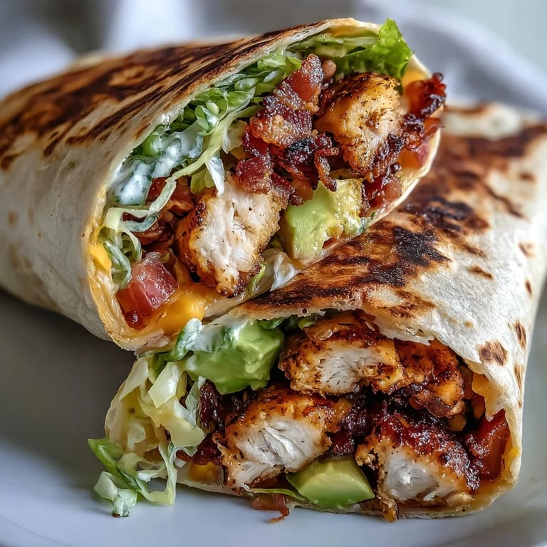Fresh lettuce and diced tomato top a grilled Crispy Chicken Bacon Wrap served warm.