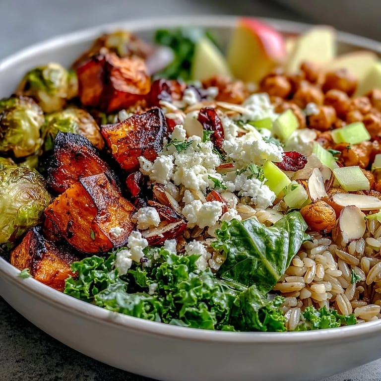 Colorful Fall Harvest Bowl with Brussels sprouts, celery, and apple slices on a rustic wooden table.