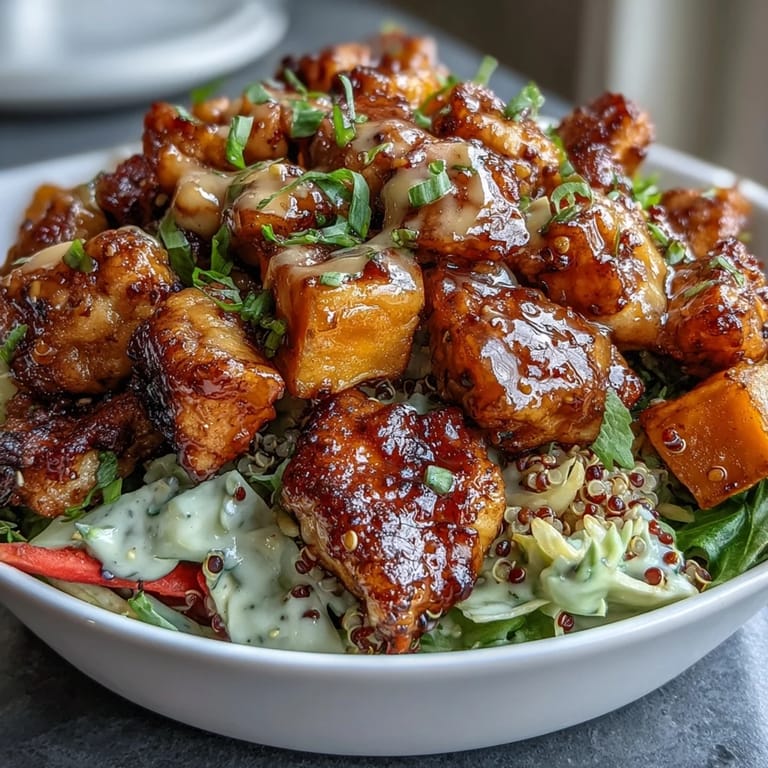 Vibrant red cabbage slaw adds a crunchy texture to the Hot Honey Chicken Bowl, featuring tender chicken and sweet potatoes on a bed of quinoa.