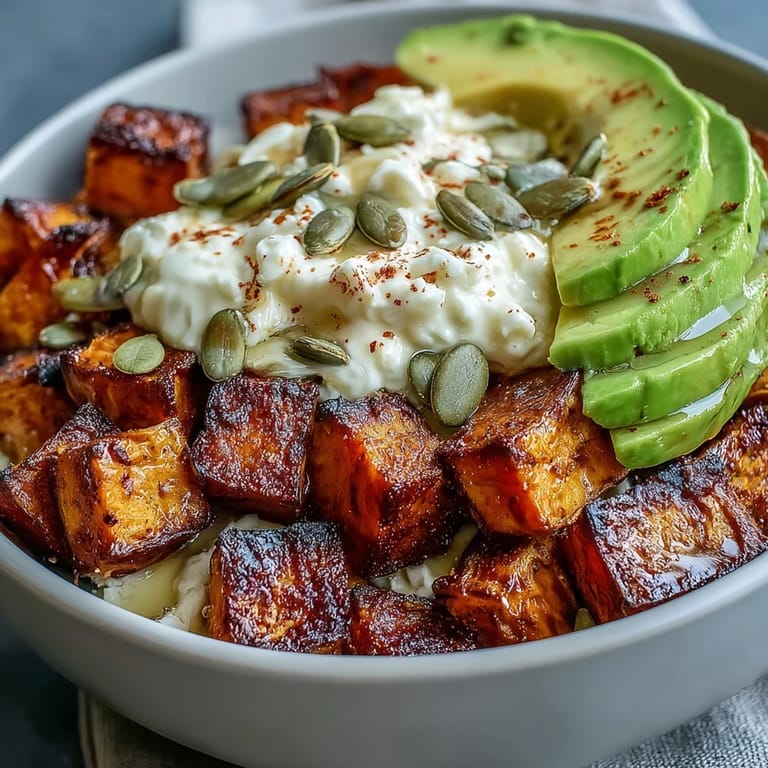 A close view of a Hot Honey Sweet Potato Bowl drizzled with spicy-sweet sauce and garnished with cilantro.