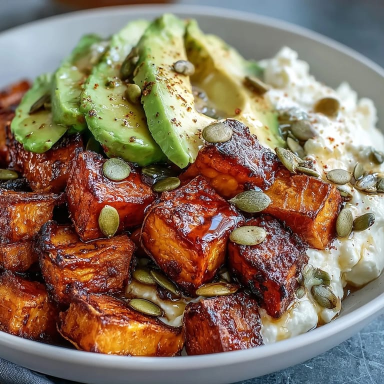 Serving suggestion for Hot Honey Sweet Potato Bowl with roasted sweet potatoes, creamy avocado, and cottage cheese.