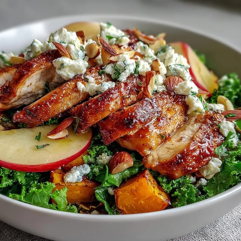 A plated Fall Sweet Potato Harvest Bowl shows glistening roasted sweet potatoes, crisp apples, kale, and a drizzle of balsamic dressing.