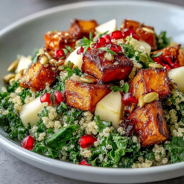 Colorful Kale Harvest Grain Bowl topped with crisp apple, juicy pomegranate seeds, and crunchy pepitas.