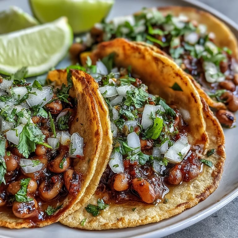 Mashed black-eyed peas create a hearty vegetarian taco filling, served warm with salsa and diced white onion.