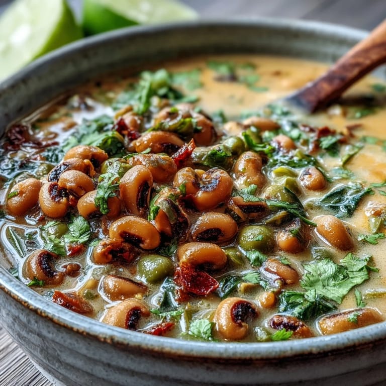 A vibrant bowl of Black-Eyed Pea Curry topped with lime wedges and cilantro, perfect for a vegan dinner.