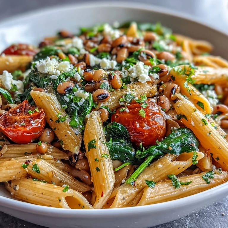 Al dente pasta and tender black-eyed peas tossed with spinach and cherry tomatoes.