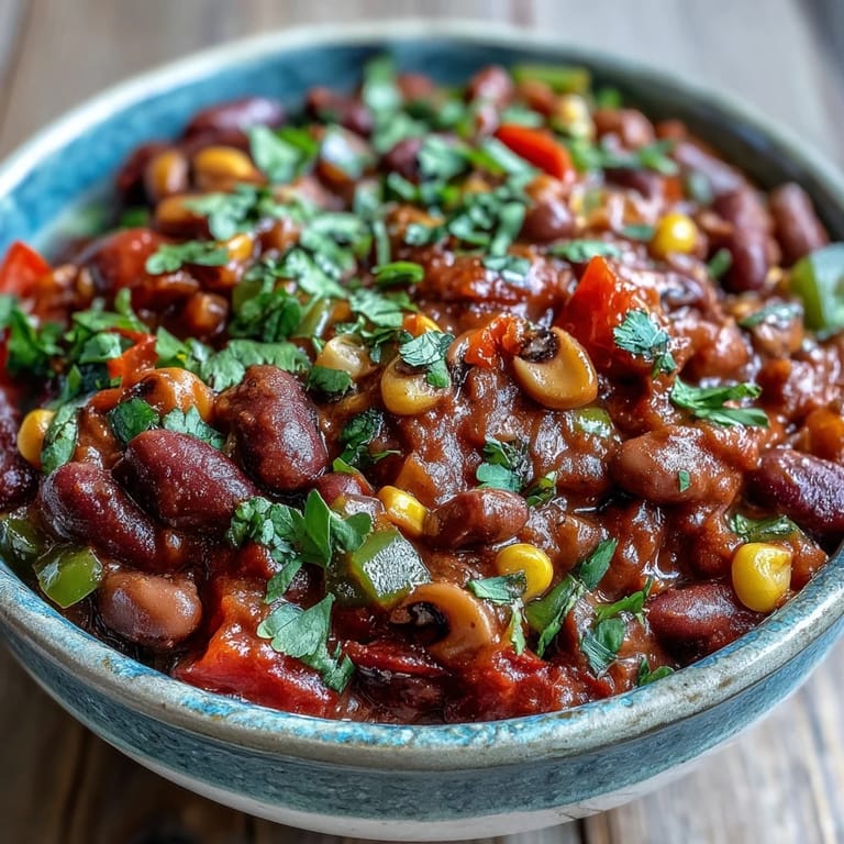 Thick, comforting Black-Eyed Pea Chili simmering in a pot with colorful bell peppers and corn kernels.
