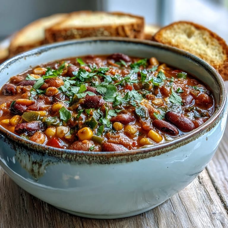 Spoon lifting a serving of Black-Eyed Pea Chili, served with tortilla chips for dipping on the side.