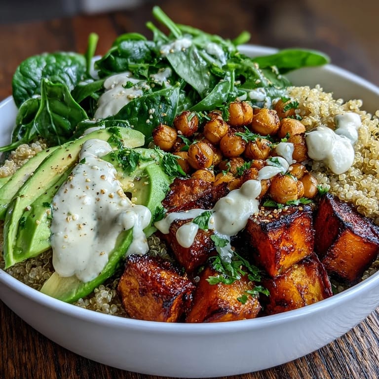 Garnished with lemon zest, the Anti-Inflammatory Glow Bowl with Tahini Yogurt showcases a rich, creamy tahini drizzle over wholesome, colorful ingredients.