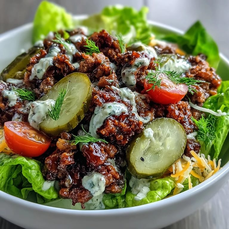 A homemade tangy burger sauce is drizzled over these High-Protein Cheeseburger Bowls, featuring halved cherry tomatoes and thinly sliced red onion for a classic flavor.