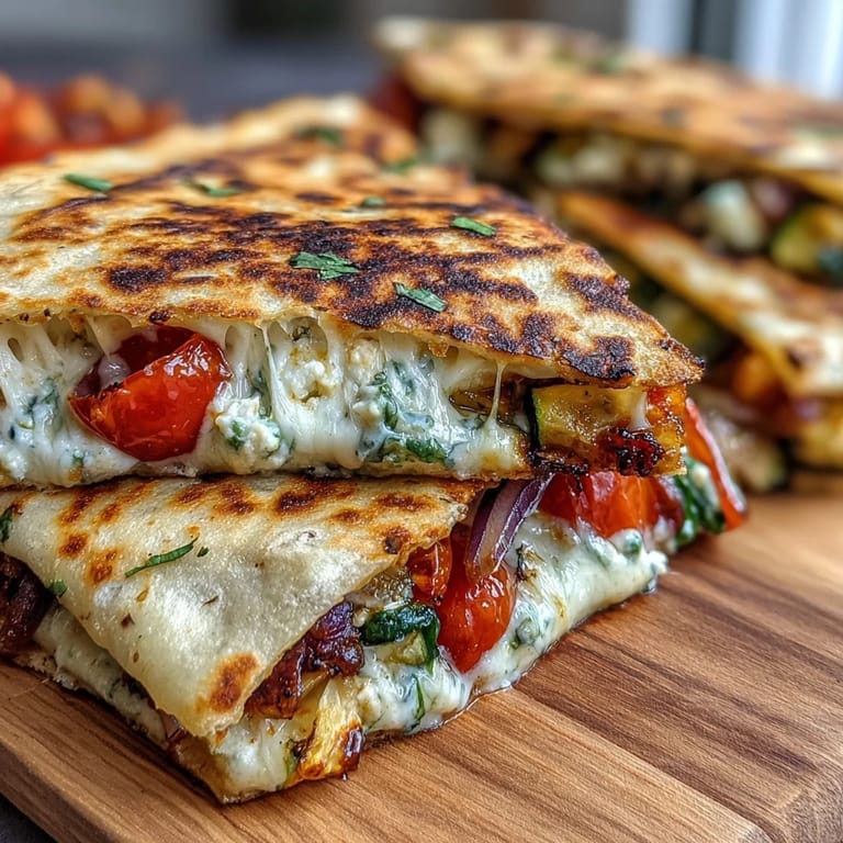 Serving suggestion for Grilled Mediterranean Veggie Quesadillas with a side of hummus.