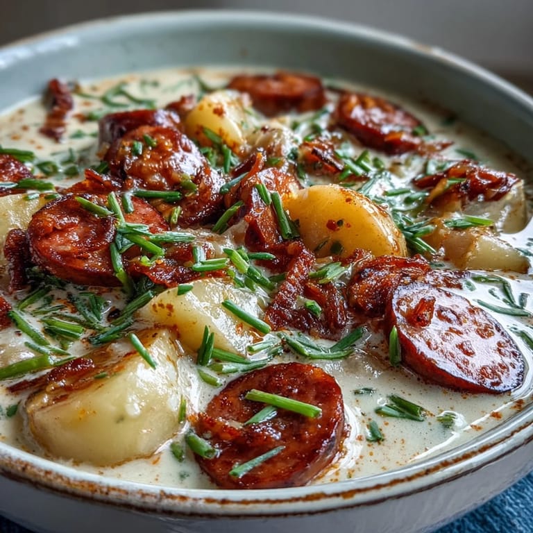 Rich Creamy Cajun Potato Soup with Andouille Sausage garnished with chives, ready to be served with crusty bread.