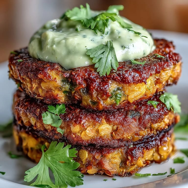 A close-up shows a stack of Crispy Sweet Potato & Red Lentil Patties next to a vibrant green dip.