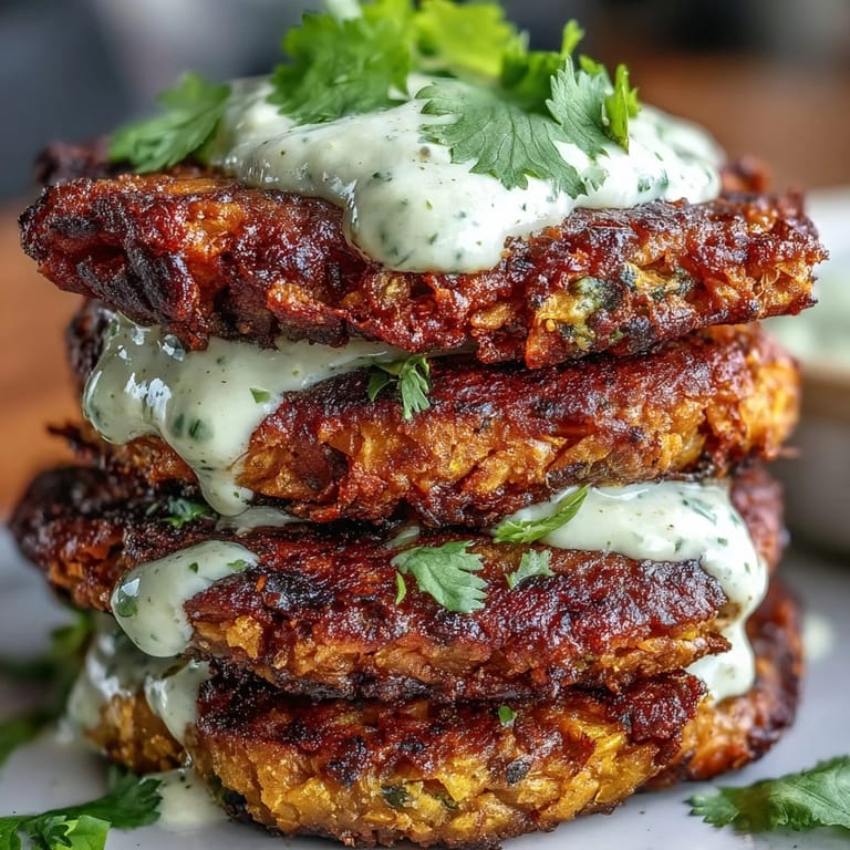 These Crispy Sweet Potato & Red Lentil Patties are garnished with fresh cilantro and lime wedges for serving.