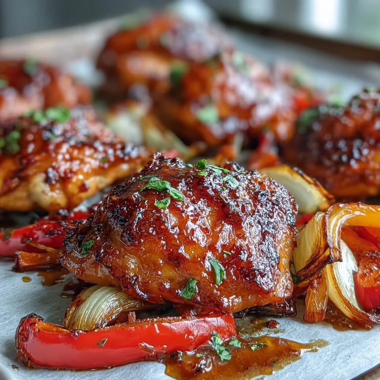 A close-up of glazed Sheet Pan Honey Garlic Chicken beside golden naan, garnished with cilantro and lemon wedges on a rustic platter.