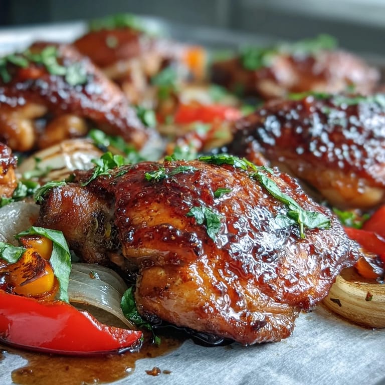 Family-style dinner of Sheet Pan Honey Garlic Chicken and naan, featuring tender roasted vegetables and a sweet tangy sauce drizzle.