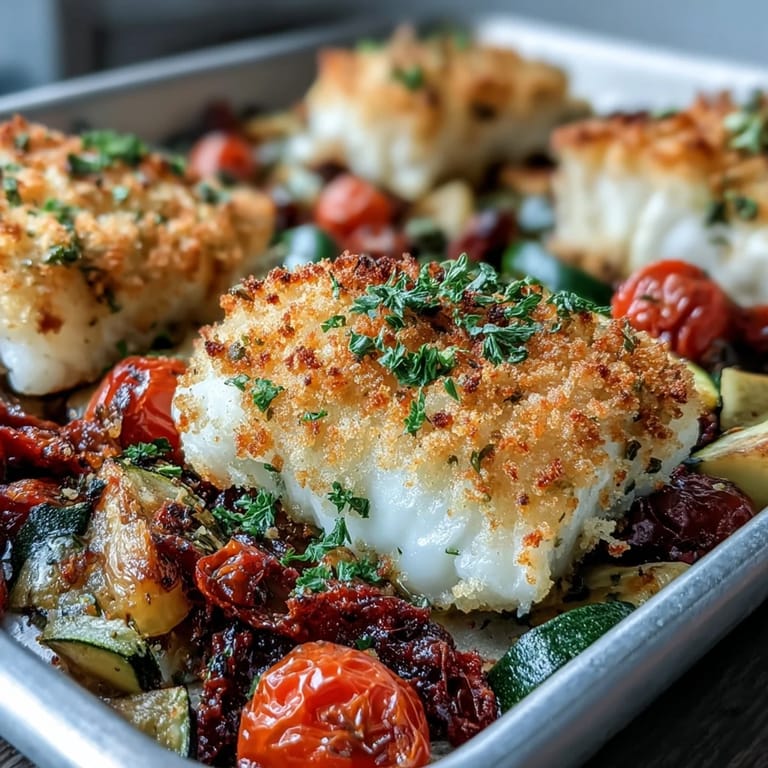 Golden Parmesan Crusted Sheet Pan Fish & Veg plated with flaky cod and zucchini, garnished with fresh parsley and lemon wedges.