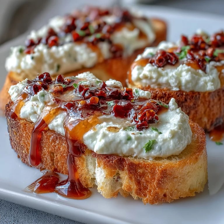 Enjoy a platter of Hot Honey Ricotta Bruschetta, where warm, toasted bread meets zesty whipped ricotta, spicy hot honey, and a satisfying chili crunch topping.