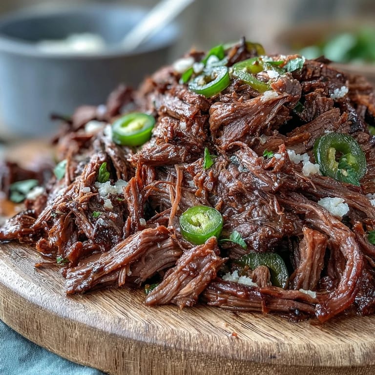 Tender Slow Cooker Mississippi-Style Ranch Beef in a slow cooker surrounded by golden butter and tangy pepperoncini peppers.