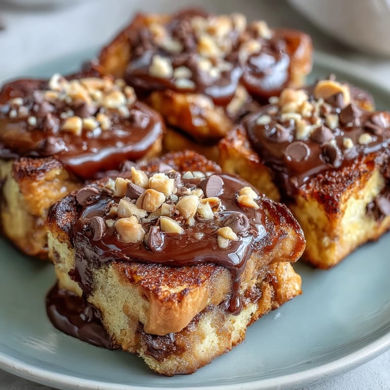 A warm High-Protein Peanut Butter & Chocolate Baked French Toast casserole sits in a dish with a golden, slightly crisp top and cocoa-infused bread cubes, ideal for breakfast.