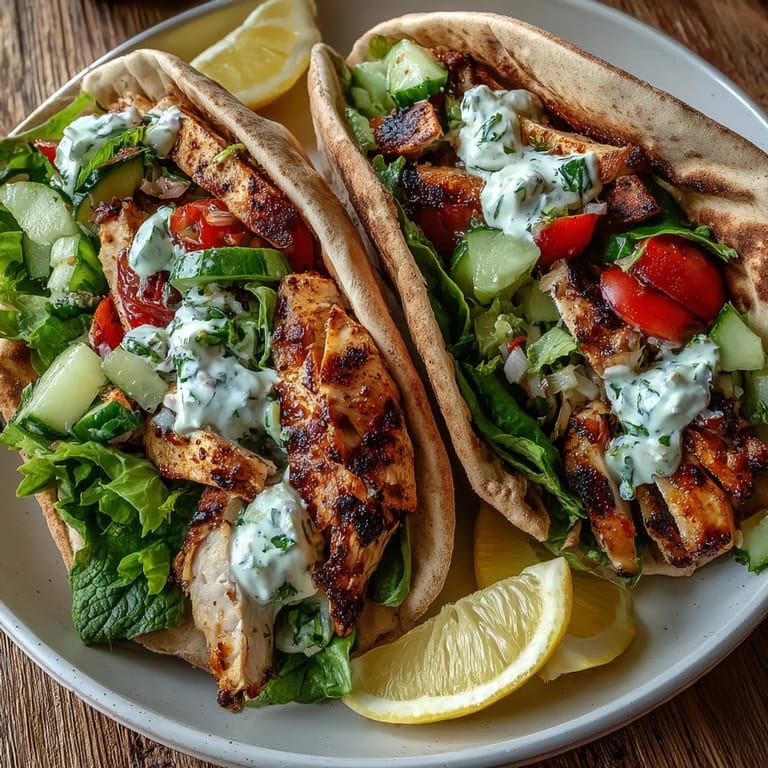Sliced Light Greek Chicken Pita Pockets stuffed with tender meat, diced veggies, and tangy yogurt on a plate.