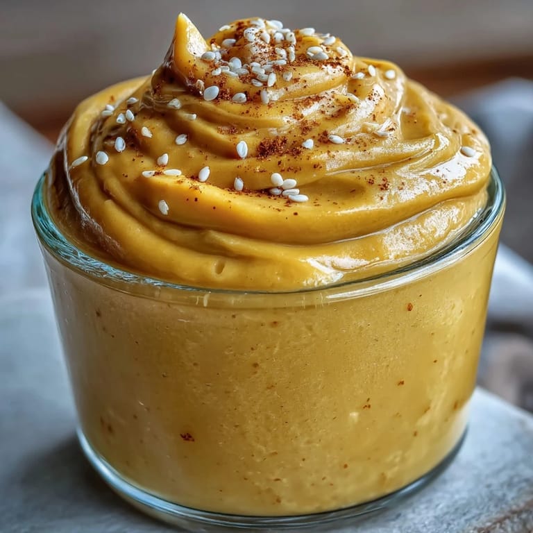 Golden yellow Vegan Mango Turmeric Golden Milk Smoothie topped with mango chunks, ready to sip for breakfast.