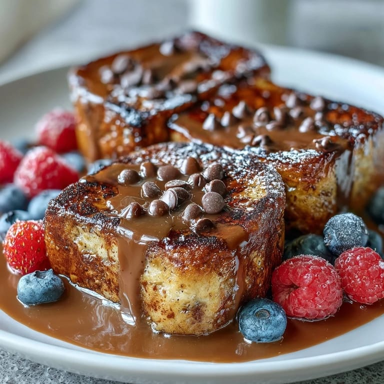 Golden High-Protein Peanut Butter & Chocolate Baked French Toast served with a side of Greek yogurt and a glass of cold milk.