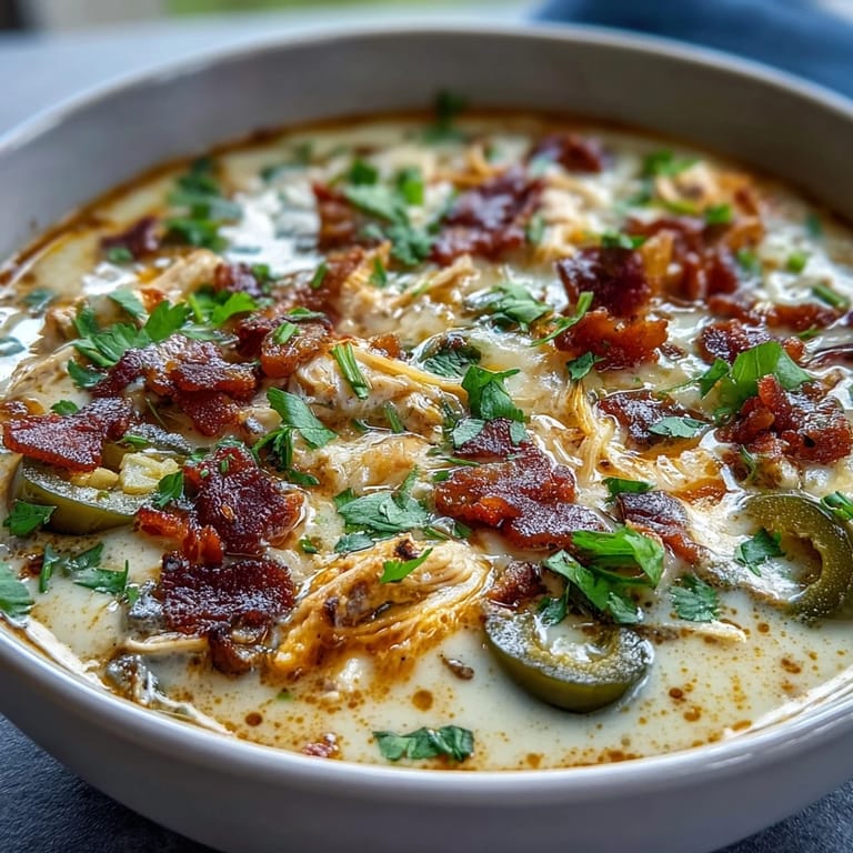 Steam rises from a ladle of Spicy Jalapeño Popper Chicken Soup with melted cheddar cheese.
