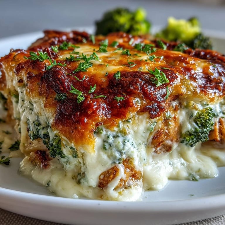 The Keto Creamy Chicken and Broccoli Casserole features tender chicken and green broccoli in a rich sauce.